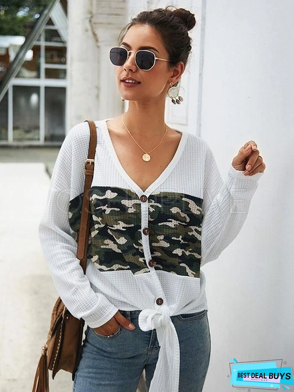 Camouflage Stitching V-Neck Knit Sweater