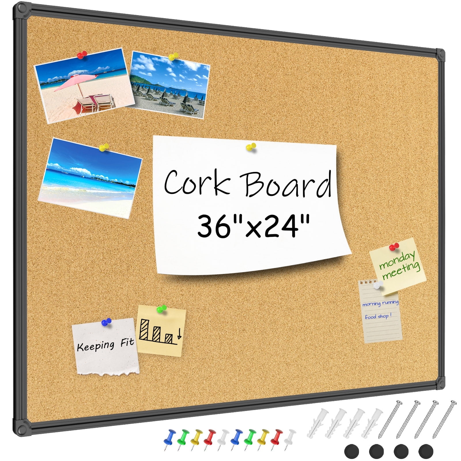 JILoffice Cork Bulletin Board with Black Aluminum Frame, 36" x 24", with 10 Push Pins
