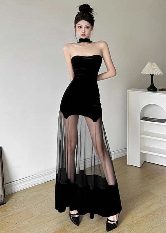Original Design Black Cold Shoulder Backless Patchwor Tulle Maxi Dress Summer