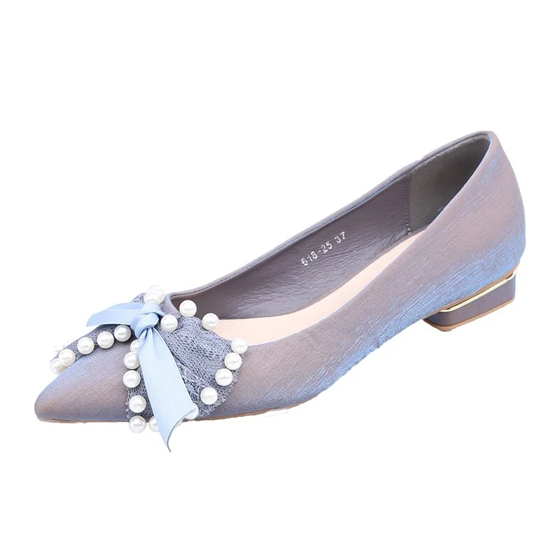 2022 Spring New Women Pearl Wedding Shoes Low Heels Lace Bow-Knot Pumps Woman Comfortable Pointed Toe Single Shoes Ladies
