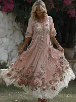 Women's Floral Roses Art Print Flowy Linen Blend Casual Short Sleeve Maxi Dress