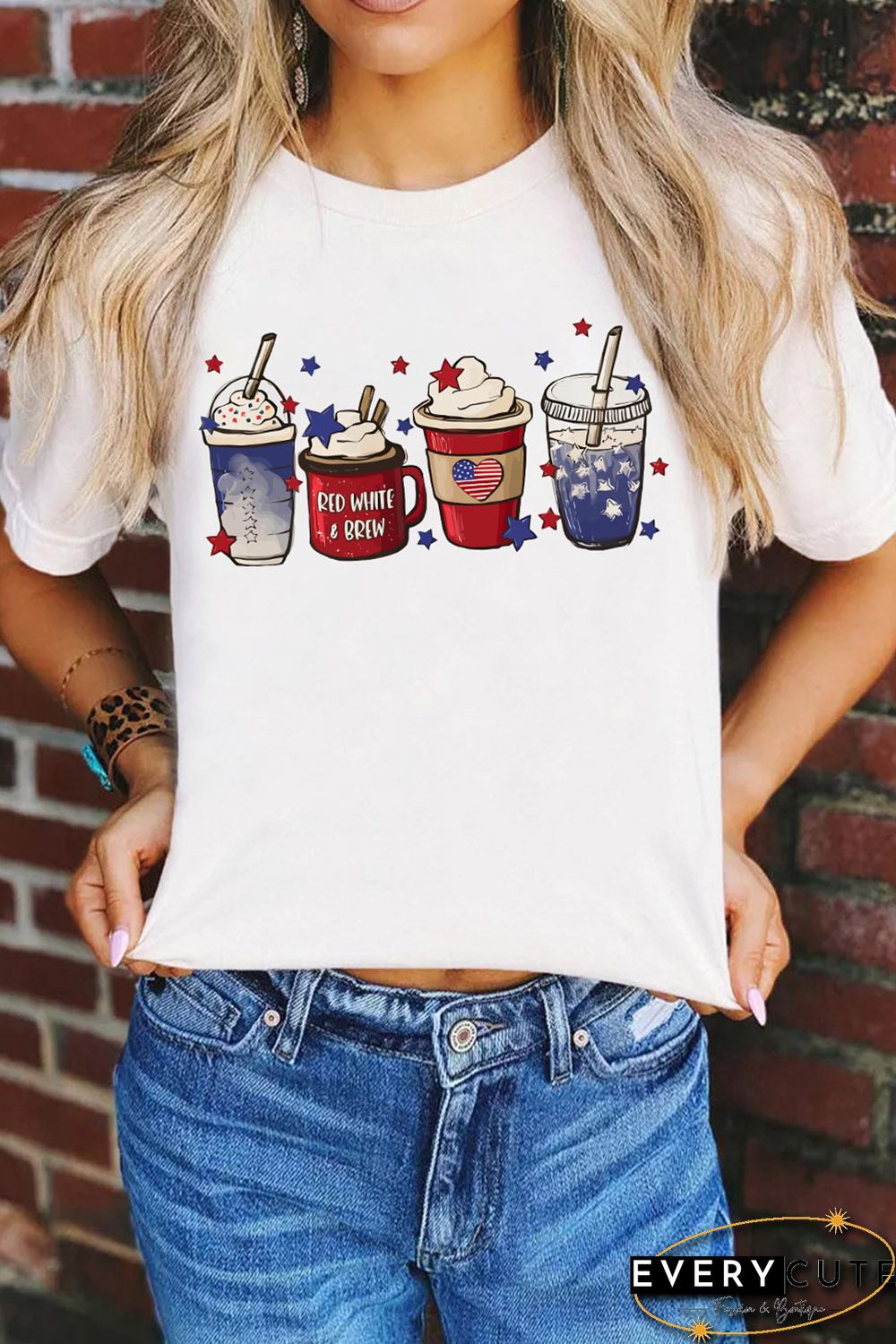 White Coffee Cups Graphic Print 4th of July Graphic T Shirt