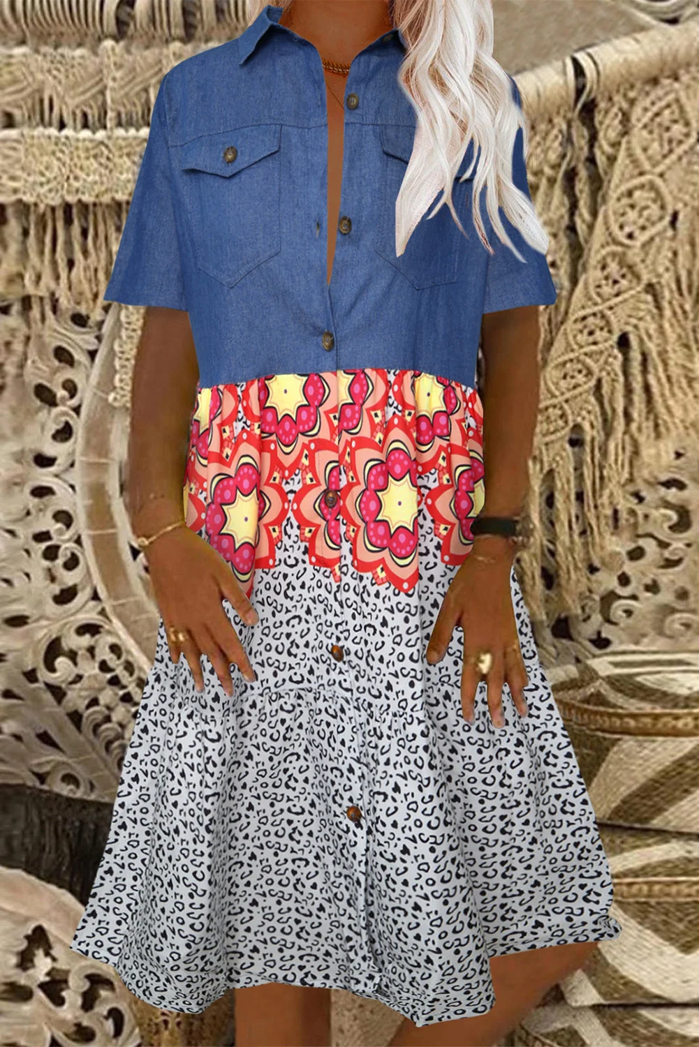 Buzzdaisy Women's Mini Dress Leopard Tribal Denim Button-up Dress