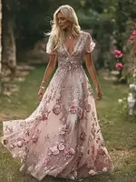 Vintage Boho Pink Roses Art V Neck Flowy Maxi Dress