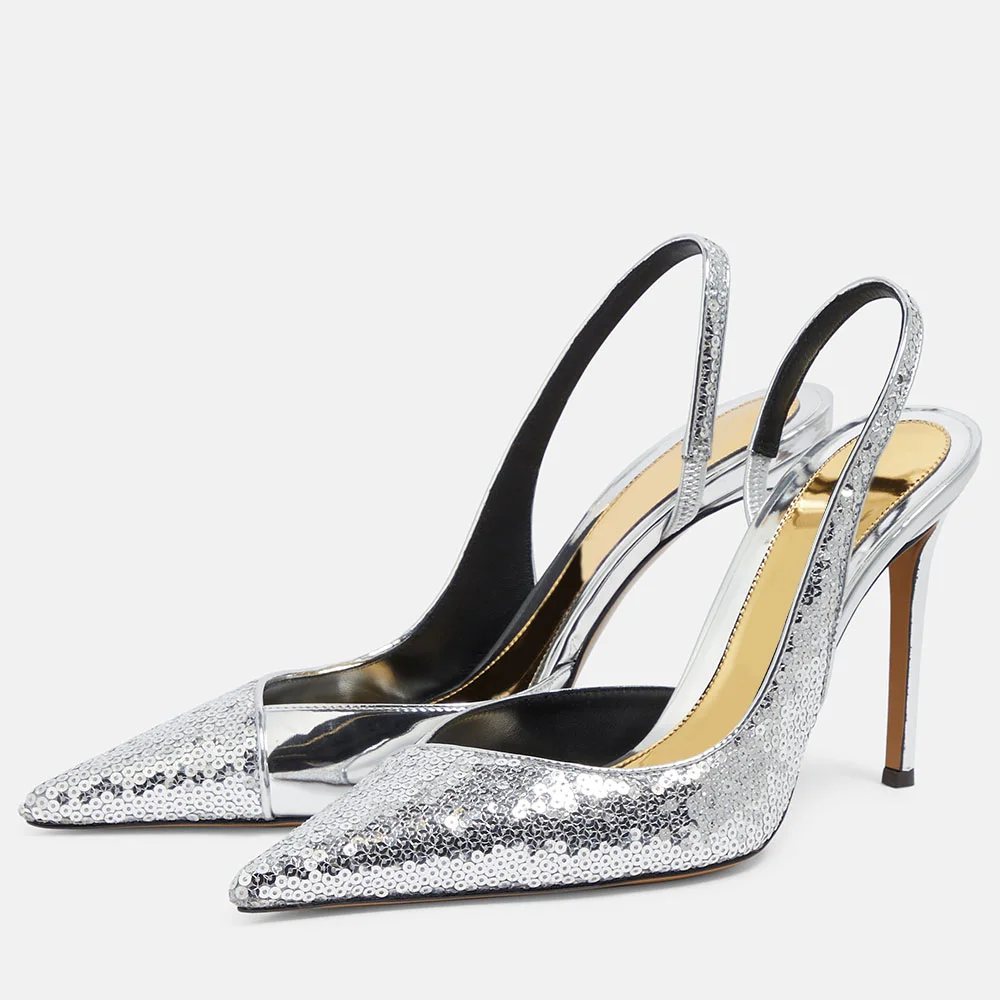 Silver Metallic Pointed Toe Sequined heeled pumps with Slingback Strappy Design Nicepairs