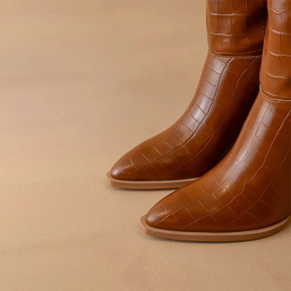 Brown Pointed Toe Stylish Croc-Embossed Knee High Boots for Women