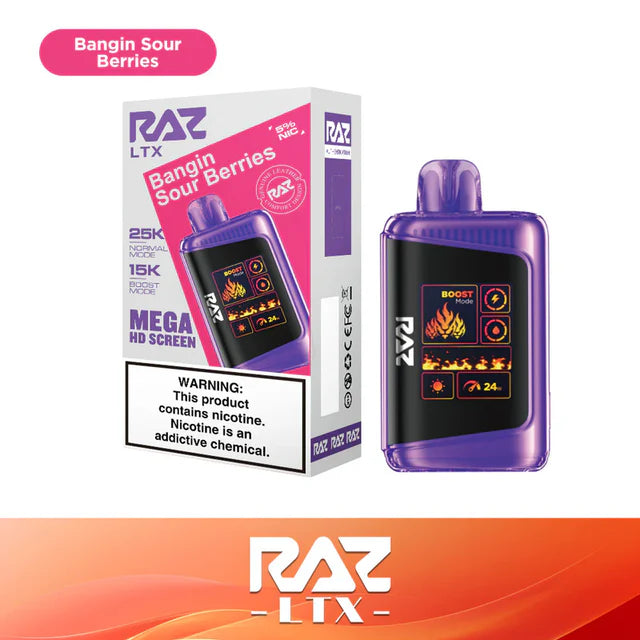 RAZ LTX 25K "Bangin Sour Berries" disposable vape. Transparent purple device with "BOOST MODE" and battery/liquid display.