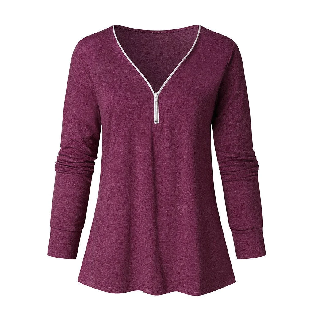 Plus Size Fashion Zipper Blouse Shirt Sexy V-Neck Tops Casual Autumn Winter Tops Ladies Female Women Long Sleeve Blusas Pullover