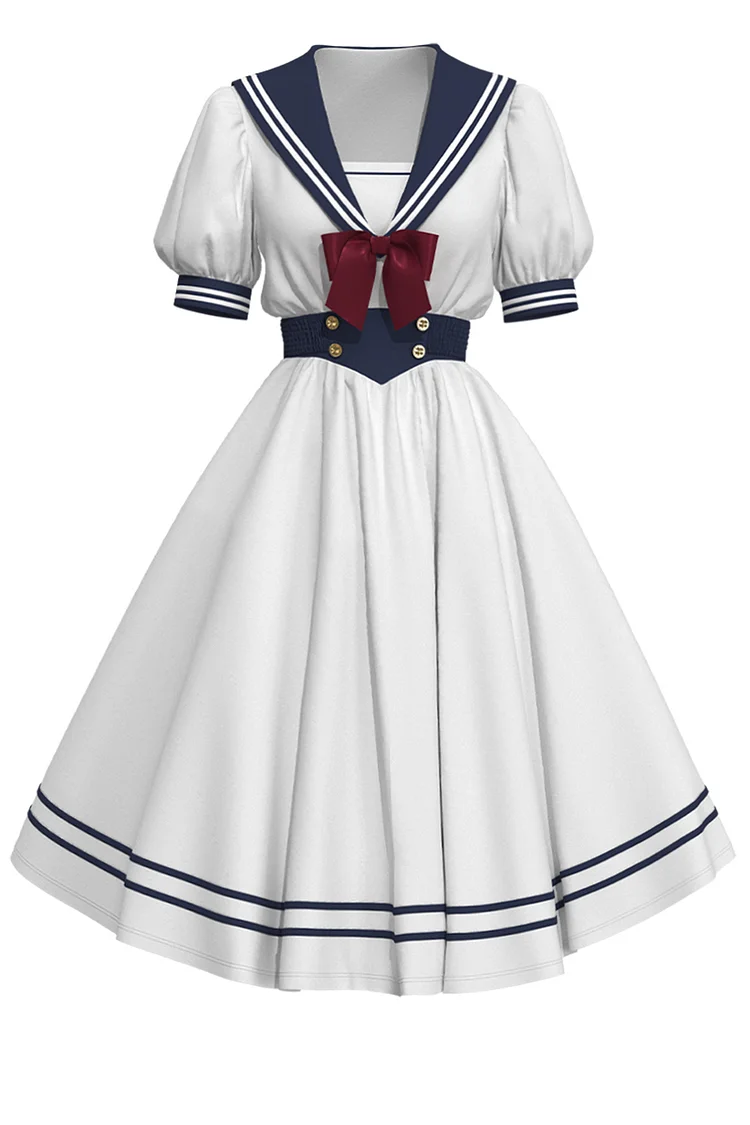 1950s White Party Bow Puff Sleeve Sailor Collar Midi Dress