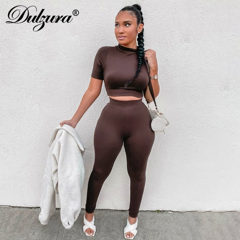 Dulzura Solid Women Two Piece Set Short Sleeve Gym Top Crops Leggings Skinny Sporty Tracksuit 2021 Spring Summer Outfit Matching