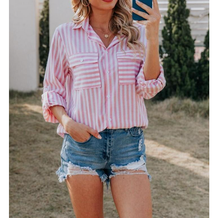 Women's  Striped Print Long-sleeved Shirt socialshop