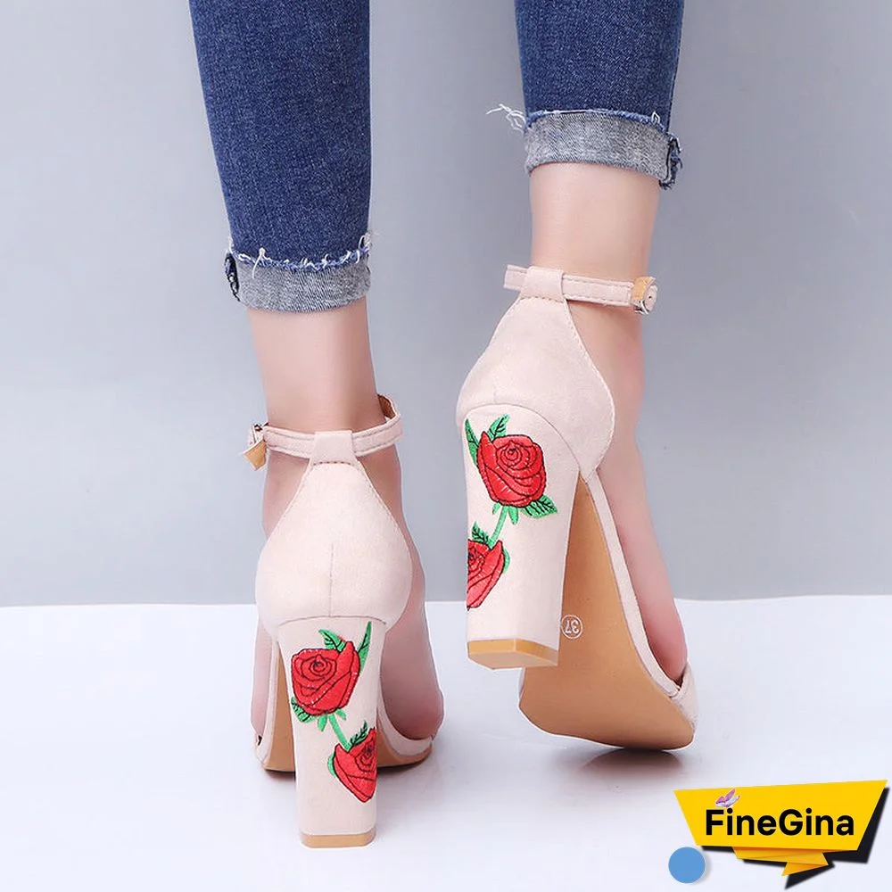 Women's Solid Color European and American High Heel Chunky Heel Embroidered Sandals