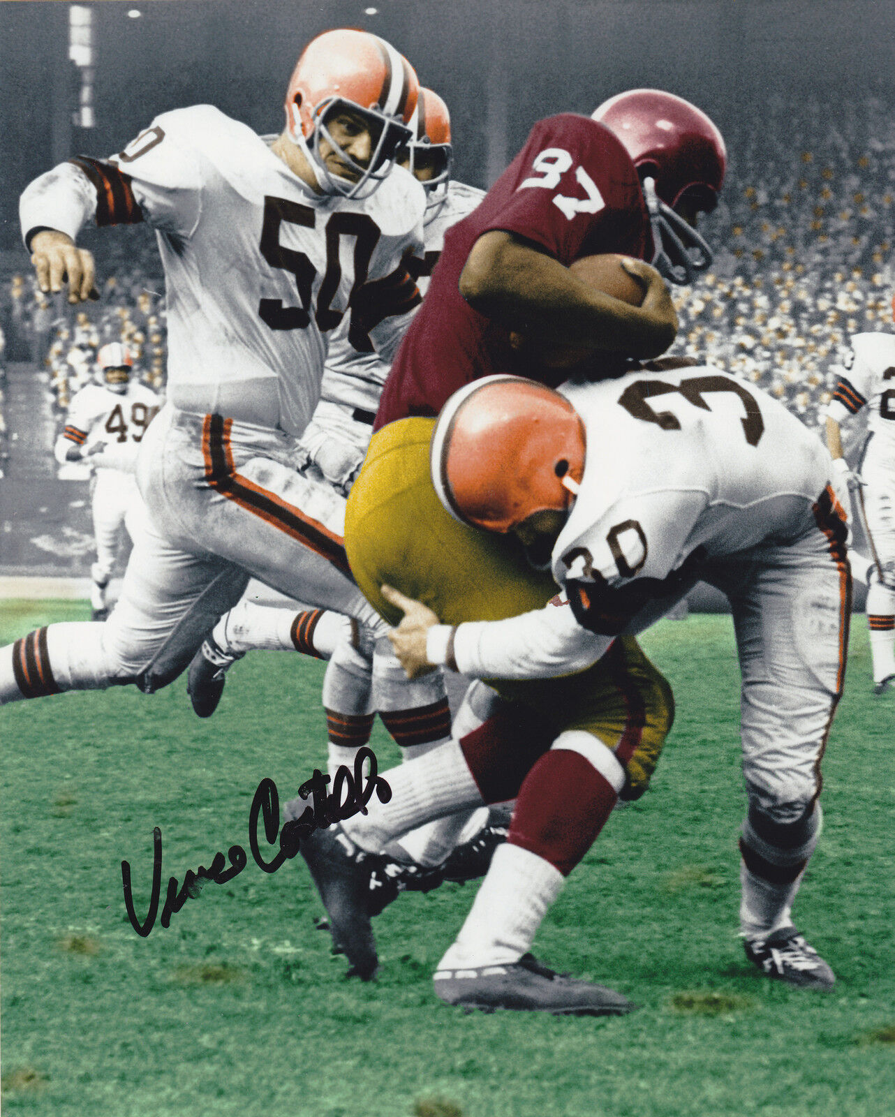 VINCE COSTELLO CLEVELAND BROWNS 1964 NFL CHAMPS ACTION SIGNED 8x10