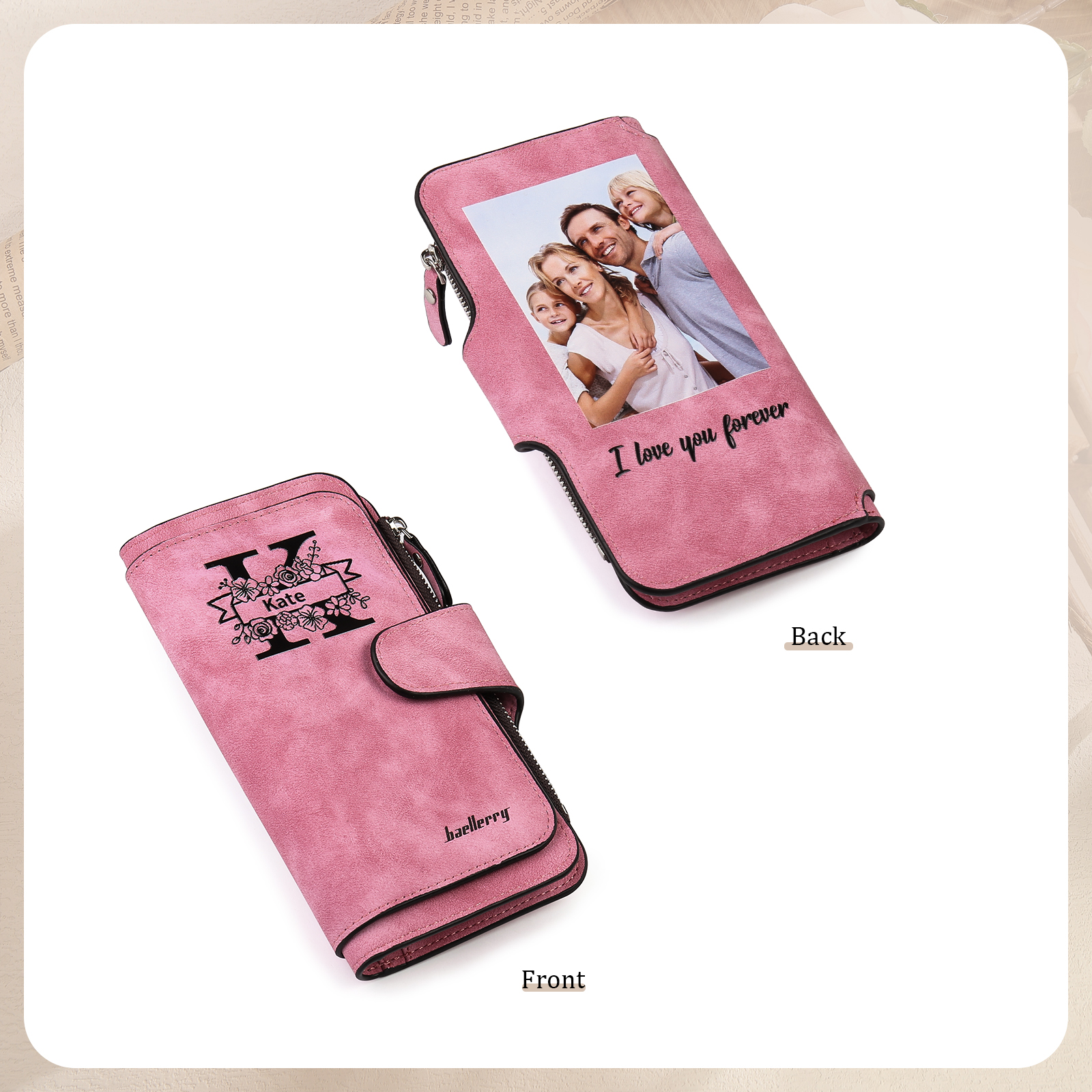 Portafoglio in PU pelle con 1 letetra & 1 testo & 1 nome & 1 foto personalizzati per mamma/nonna