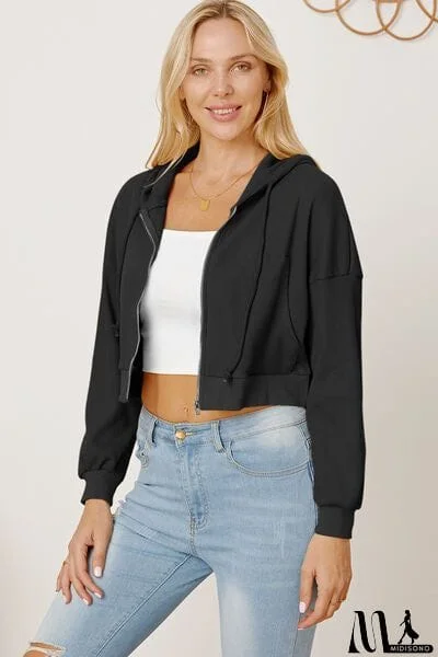 MidiSono - Waffle-Knit Drawstring Zip Up Hoodie