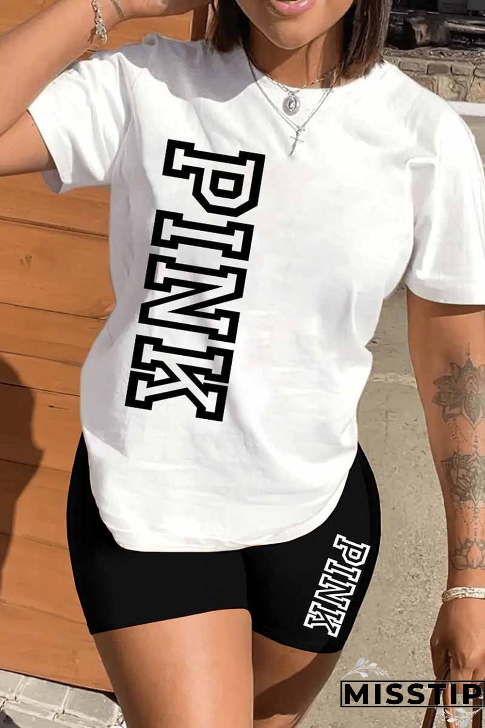 Red Casual Print Letter O Neck Short Sleeve Two Pieces