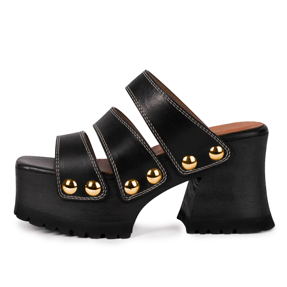Black Rivet Square Toe 4'' Chunky Heel Platform Mules with Buckles  Nicepairs