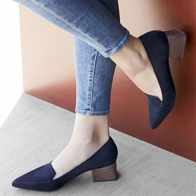 Navy Block Heel Pointy Toe Loafers Vdcoo