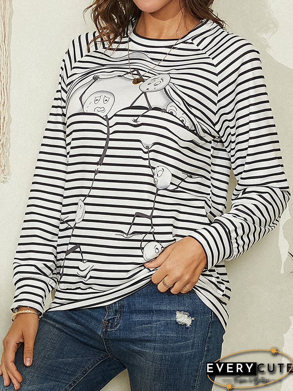 Striped Cartton Print O-neck Long Sleeve Casual T-shirt For Women
