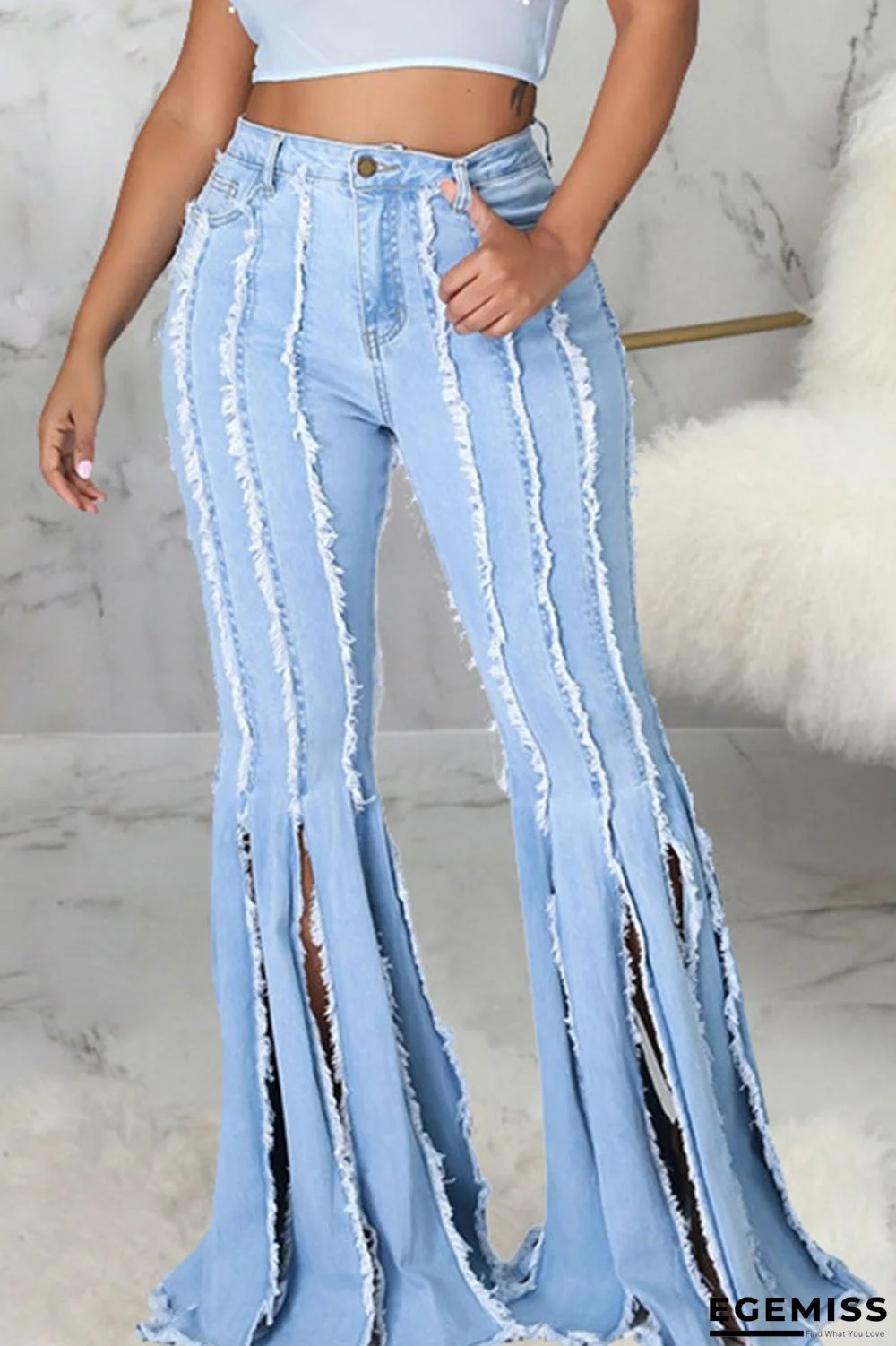 Baby Blue Street Solid Patchwork Slit Boot Cut Denim Jeans | EGEMISS