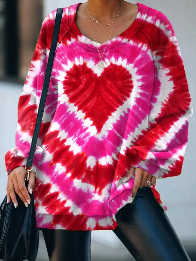 Women's Valentine’s Day Tie-Dye Love Heart Print Casual Sweatshirt