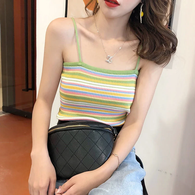 Camisole Women Rainbow Patchwork Chic Colorful Tanks Top Womens Sexy Basic Streetwear Camis Girl Sweet All-match Knitted Ulzzang