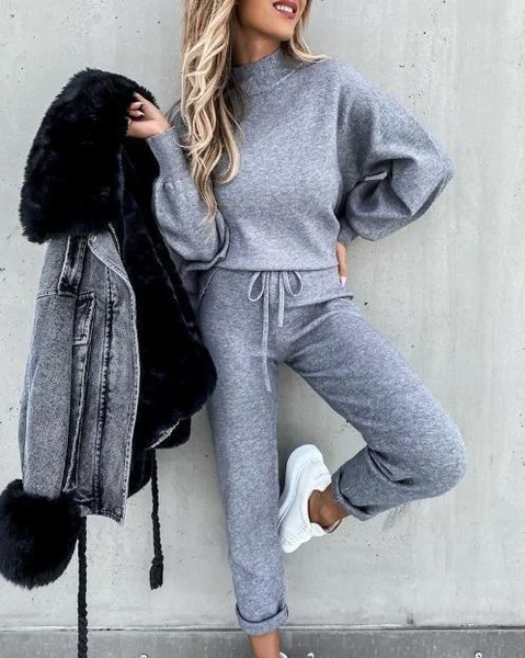 2022 Women's Solid Color Turtleneck Sweatshirt With Drawstring Pants Casual Long Sleeve Pullover Sports Set Two Piece Outfit Plus Size