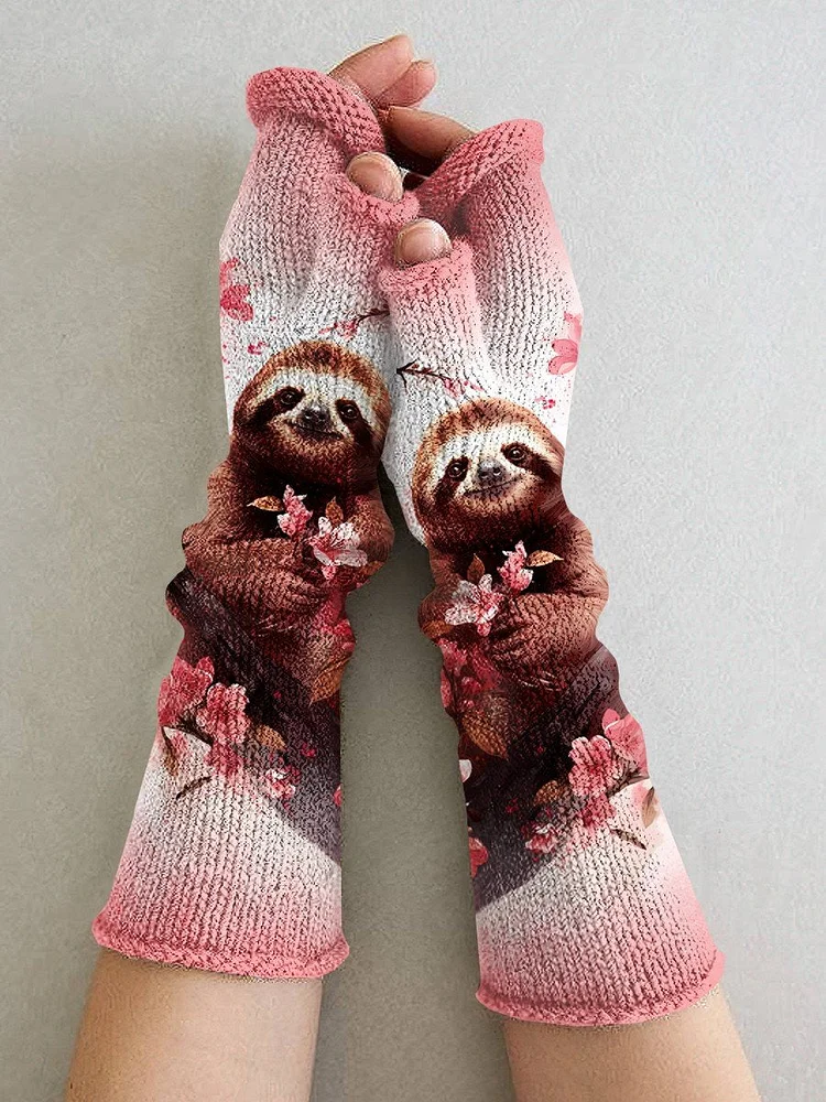 Women's Knit Vintage Sloth Flower Art Printing Fingerless Gloves