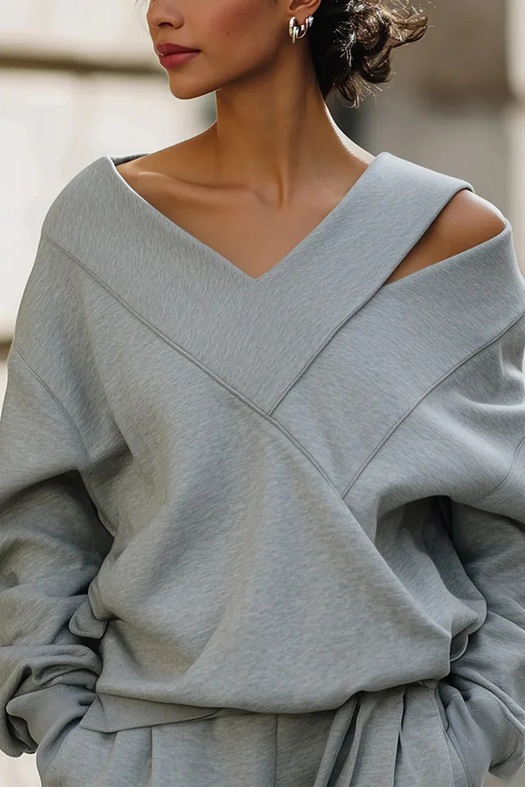 Plus Size Daily Grey V Neck Long Sleeve Cut Out Casual Blouses [Pre-Order]