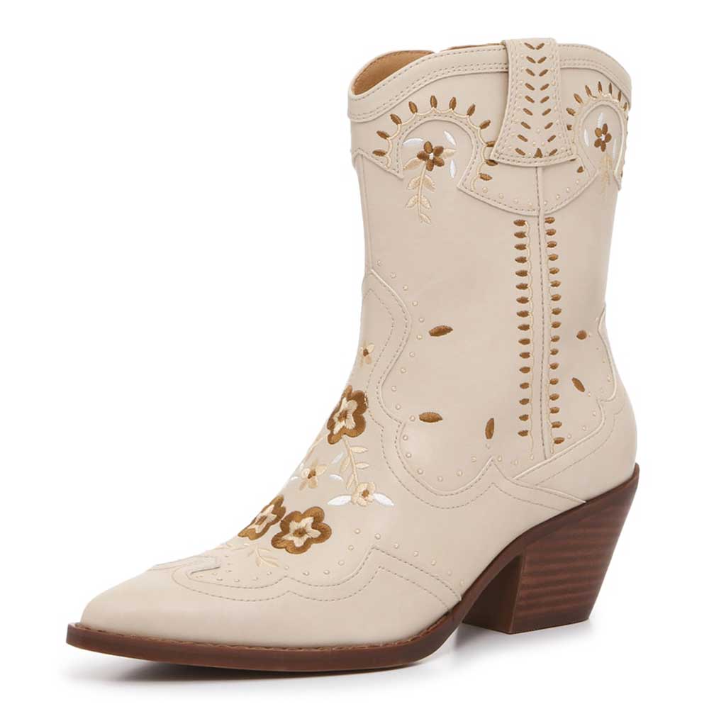 Beige Pointy Toe Embroidery Zipper Chunky Heel Western Boots for Women