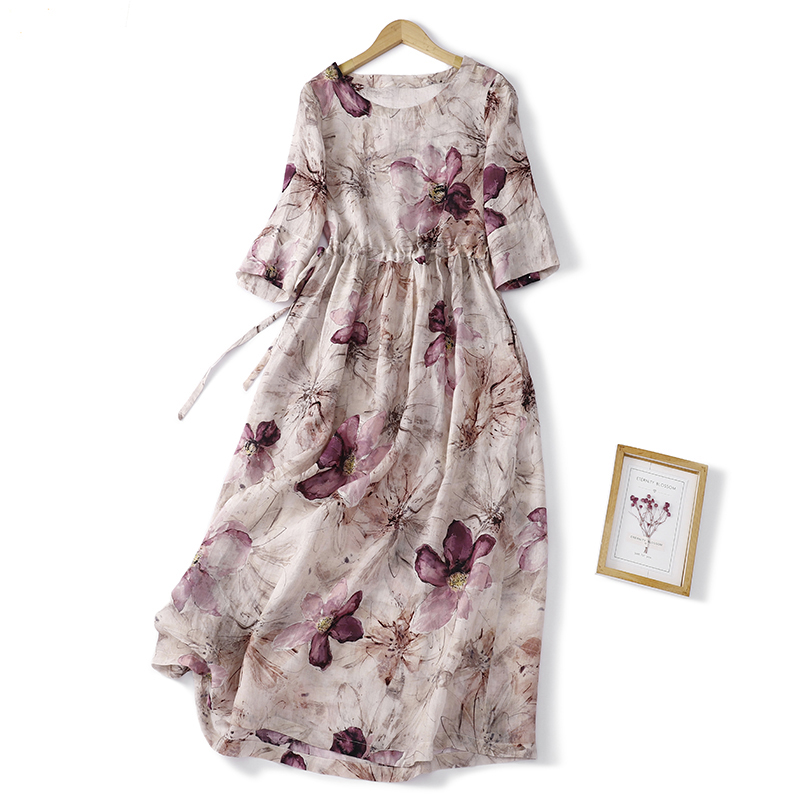 Women Elegant Flower Printed Short Sleeve Drawstring Floral Dress