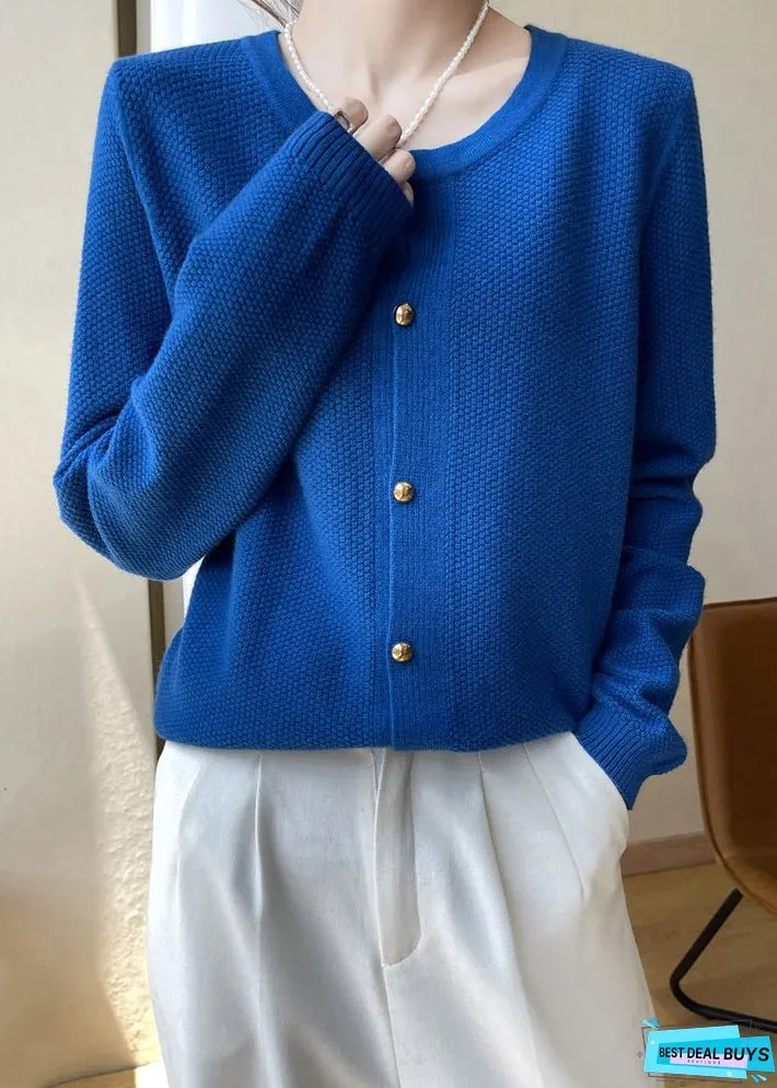Women Blue O Neck Button Patchwork Cotton Knit Coats Fall