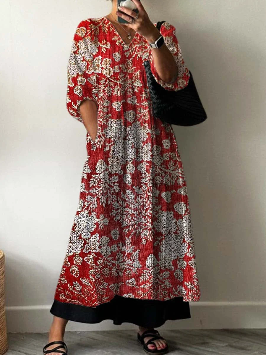 Women's Vintage Lovely Floral Art Print Pocket V-neck Cotton Dress