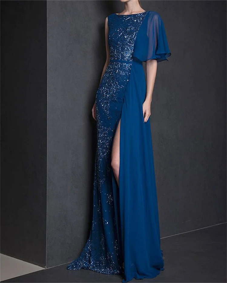 Women's Blue Sequined Chiffon Slit Dress
