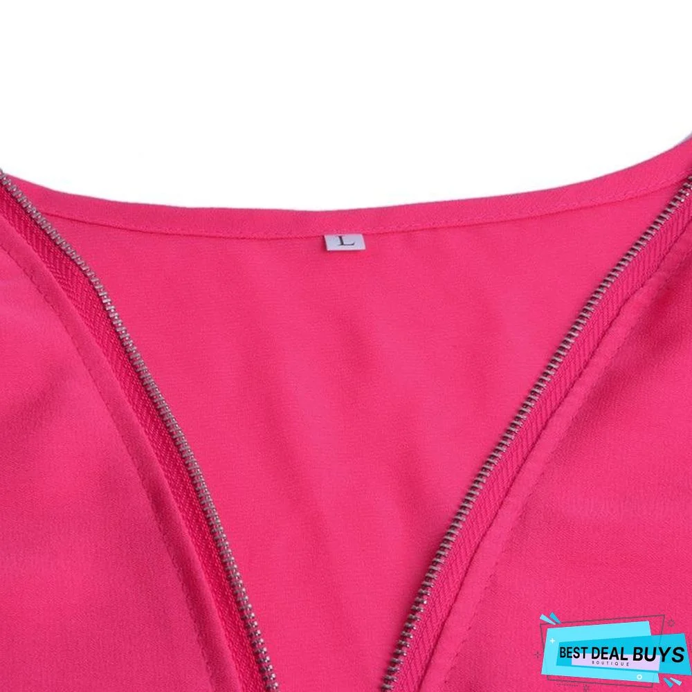 Zipper Short Sleeve Women Shirts Sexy V Neck Solid Casual Tee Shirts Tops Blouses Plus Size
