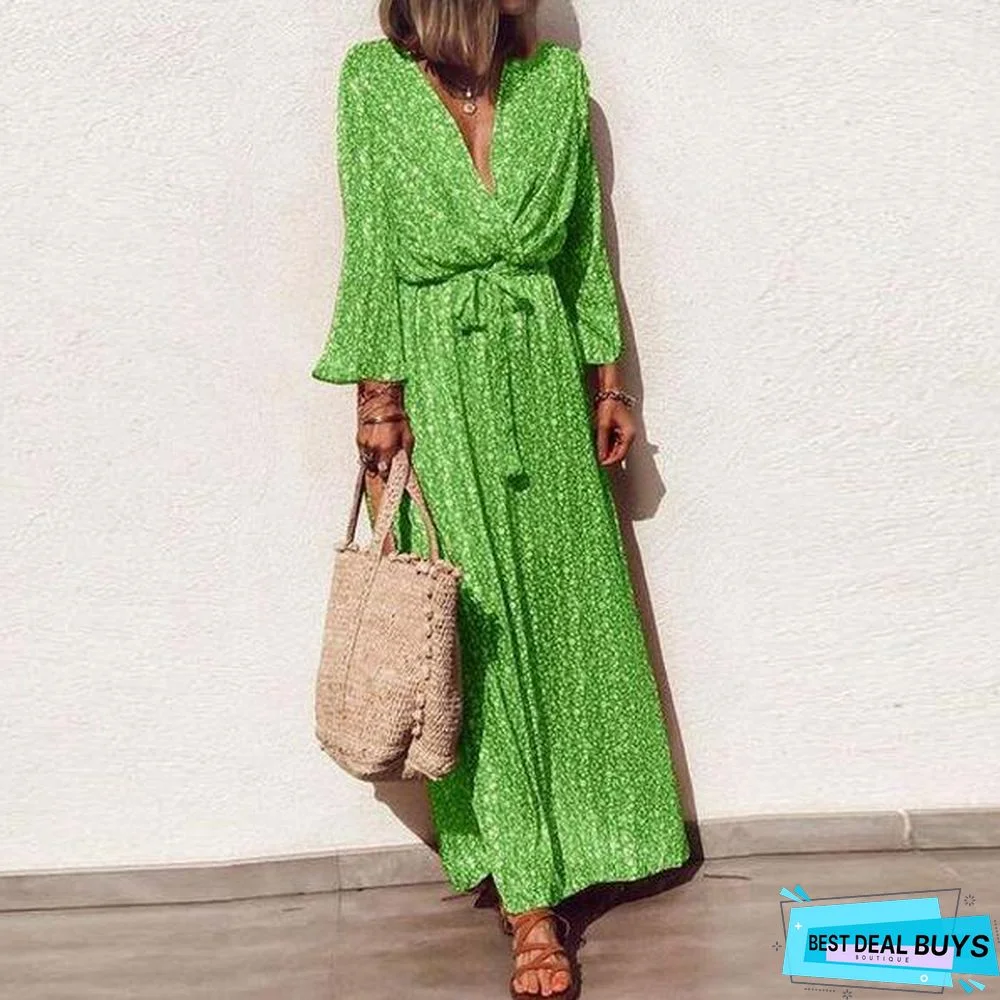 Classy Green Print V-Neck Long Sleeve Maxi Dress