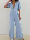 Deep V-Neck Short Sleeve Casual Solid Color Jumpsuit
