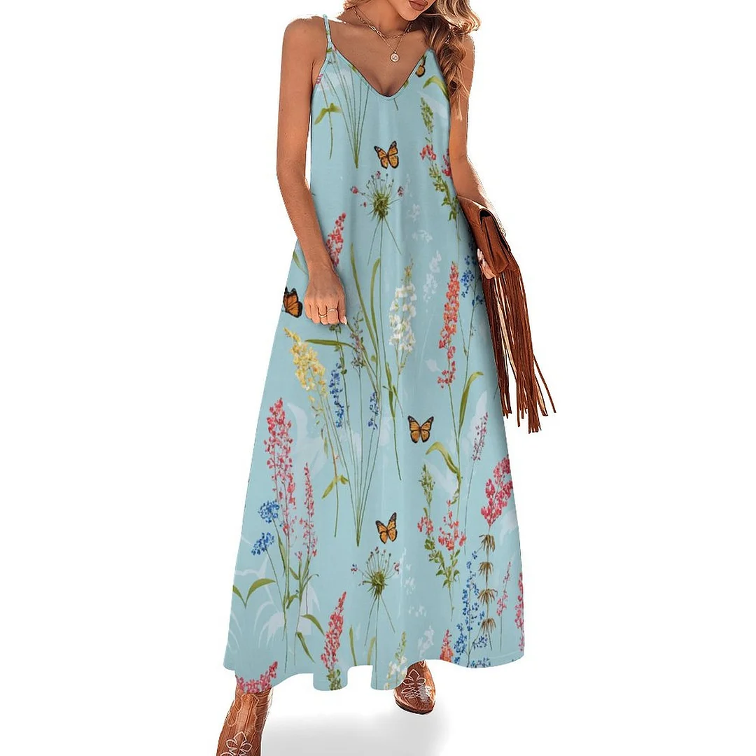 Style & Comfort for Mature Women Plus Size Printed Sling Casual Women Maxi Dress in Pattern Floral, Blue, Red