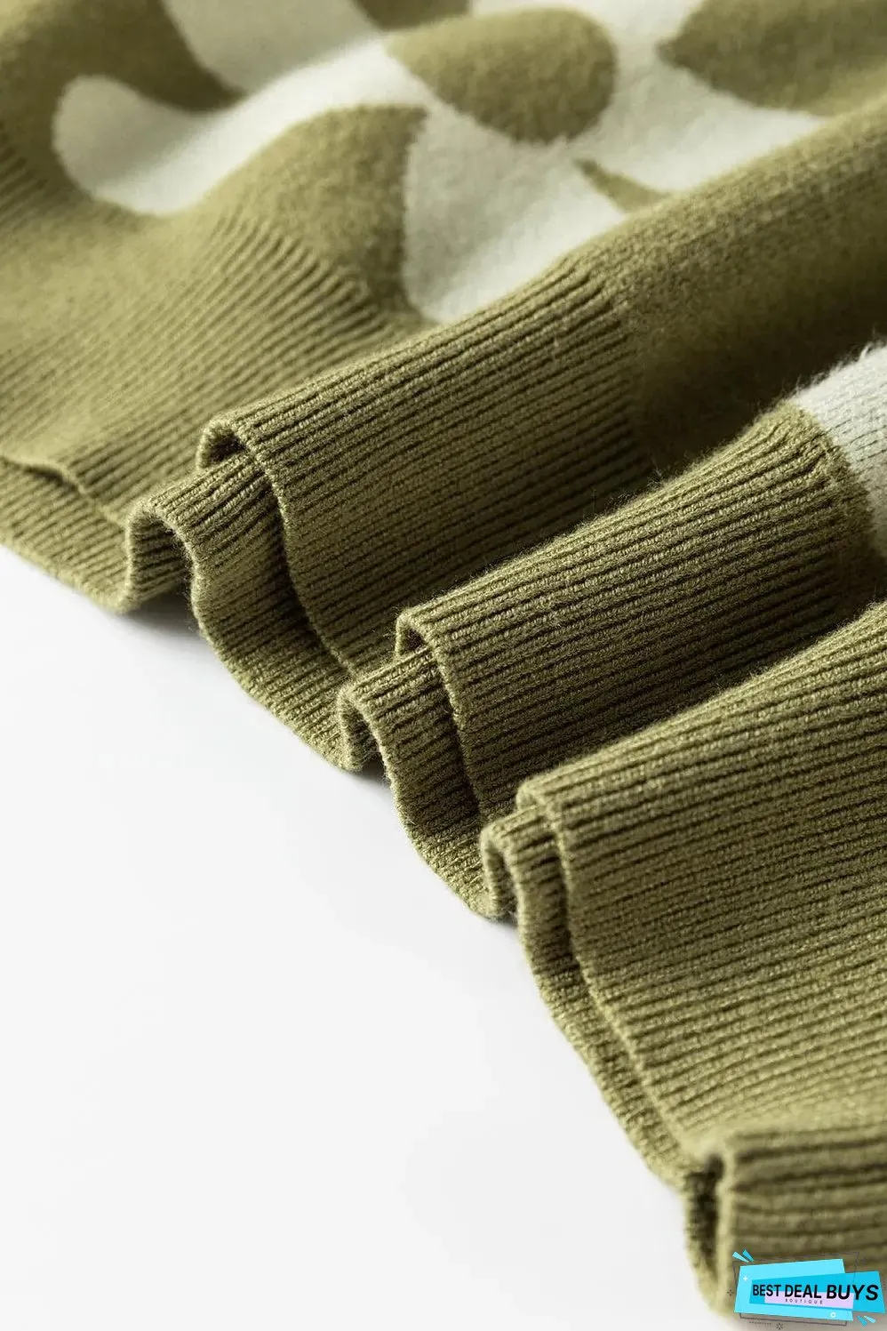 Spinach Green Big Flower Knit Ribbed Trim Sweater