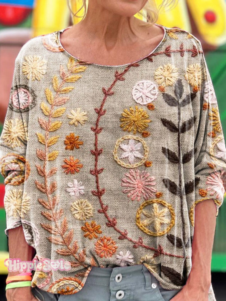 Vintage Embroidered Floral Totem Art Print Casual Long Sleeve T-Shirt Multicolor / S