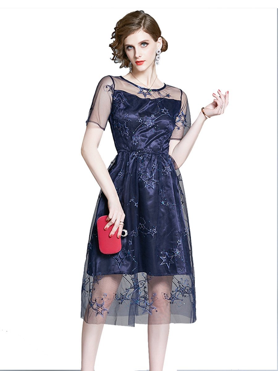 Women Embroidered Perspective Gauze Dress Summer Short-sleeve Navy Blue Dress
