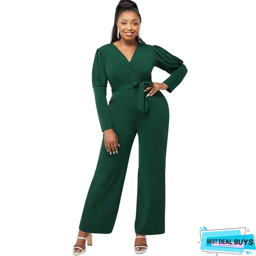 Autumn and Winter Solid Color V-Neck Bubble Sleeve Personalized Casual Wide Leg Jumpsuit