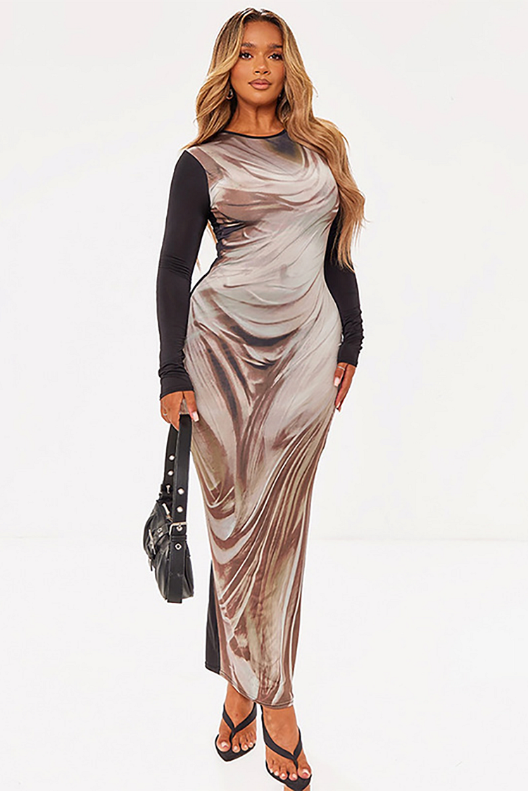 Graphic Print Colorblock Long Sleeve Bodycon Maxi Dresses-Green