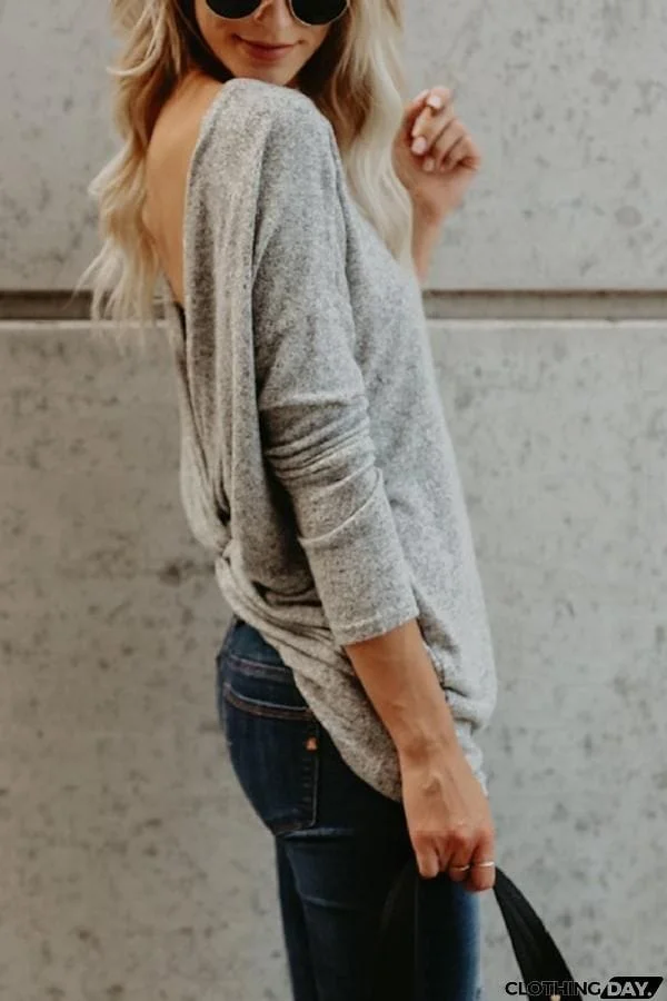 Long Sleeve Round Neck Backless T-shirt