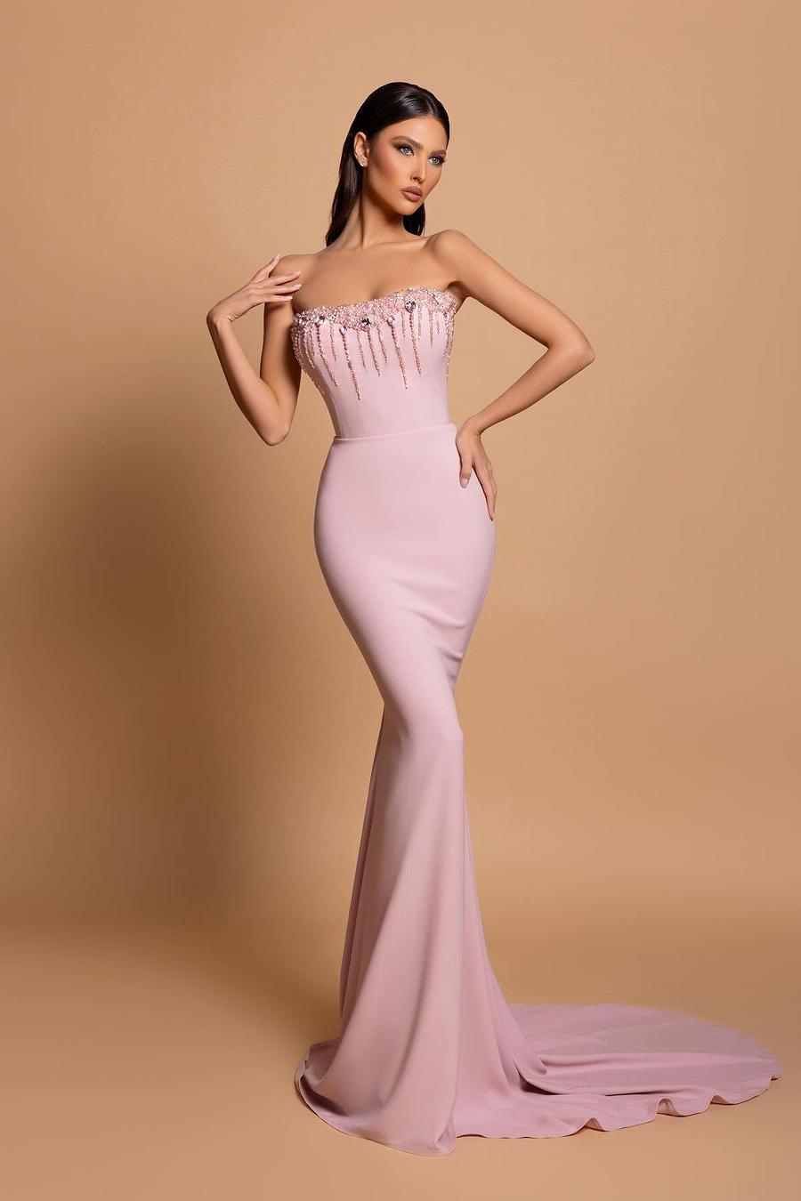 Lvs&Broner Strapless Pink Sleeveless Long Mermaid Prom Dress With Beading