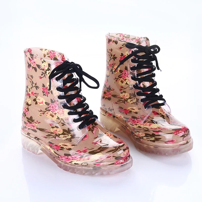 Qengg Women Rain Boots Transparent Waterproof Colorful Spring Autumn Shoes Rain Boot Woman Leopard Print Ankle Boots Large size 896