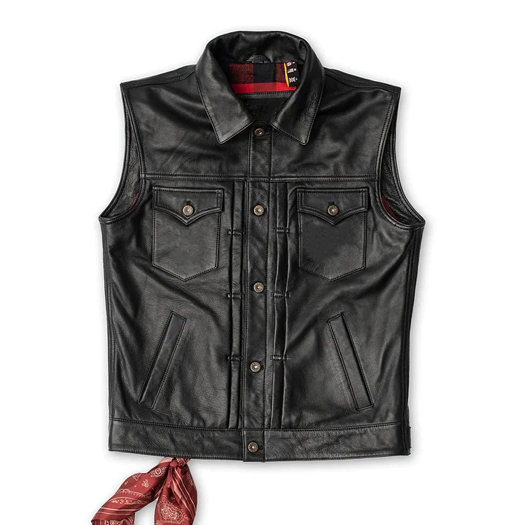 Men's Vintage Black Leather Single Breasted Vest