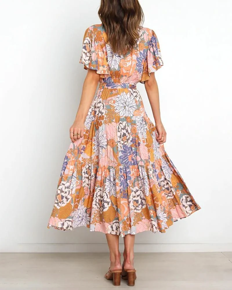 Commuter v-neck short-sleeved printed dress