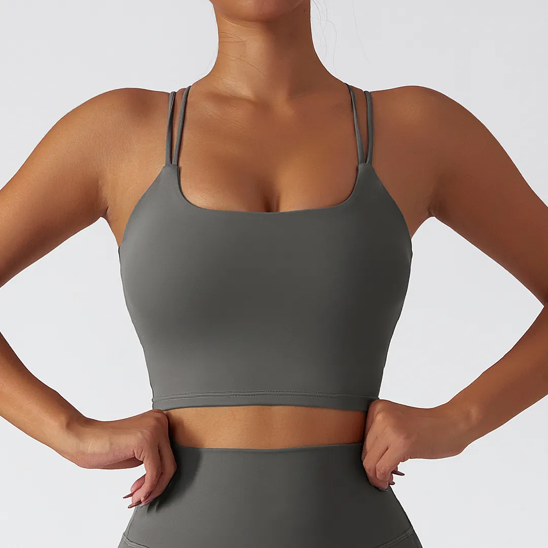 Buy Moonstone Gray sustainable recycled material criss cross thin straps breathable sports bra of high quality on Hergymclothing