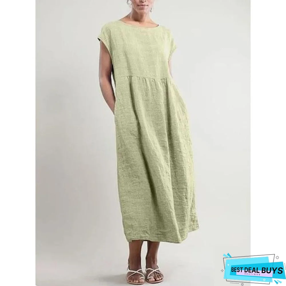 Women Crew Neck Shift Daily Cotton Pockets Dresses Linen